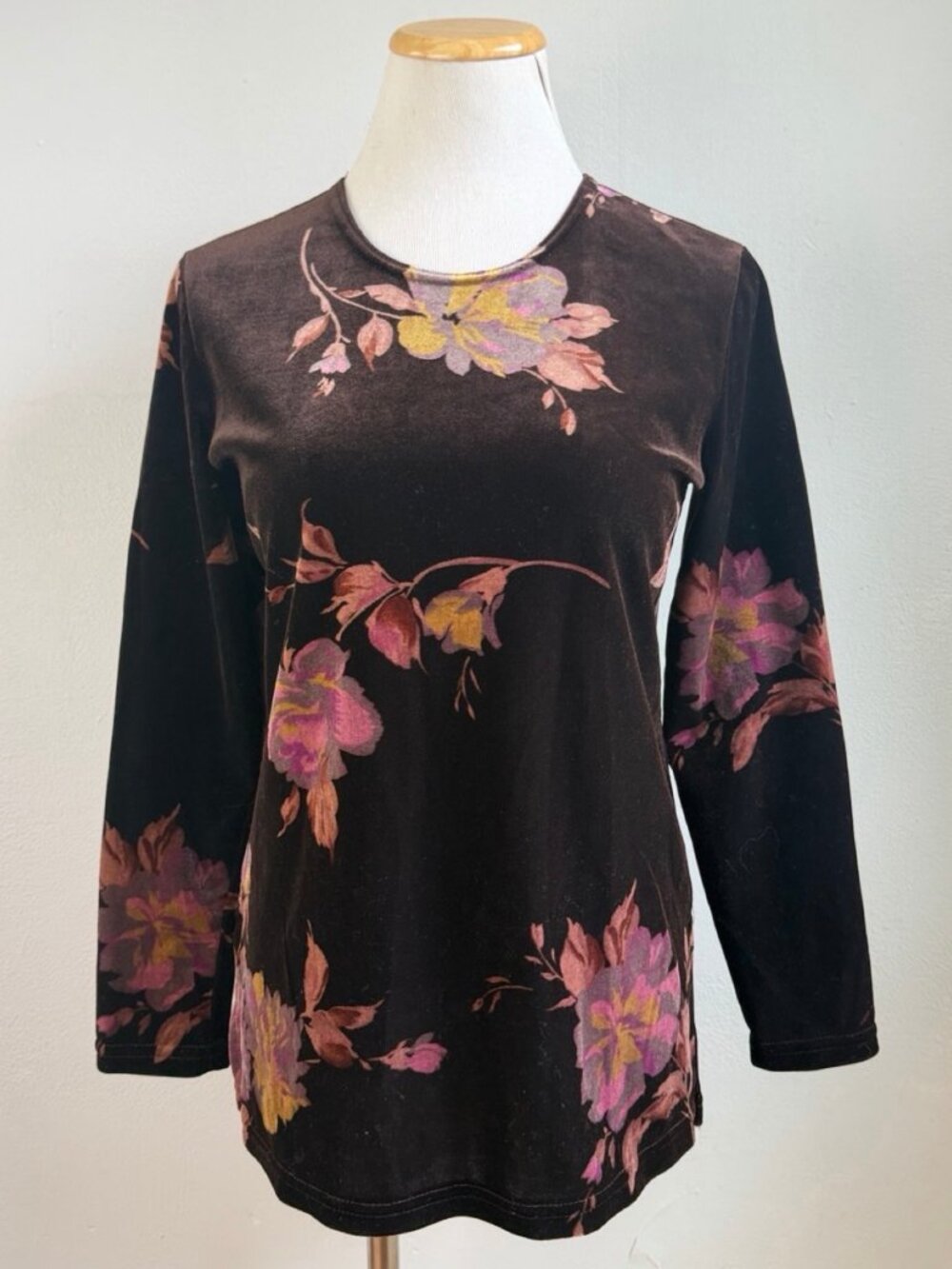 Vintage Floral Crushed Velvet Top Size Small 90s Brown Scoop Neck Blouse Shirt P